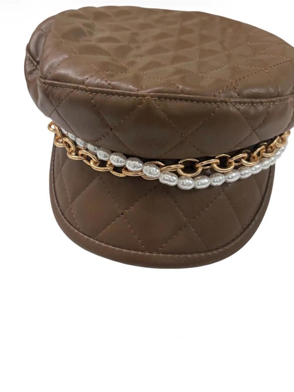 Newsboy hat baker boy page boy brown quilted faux leather cap NWT